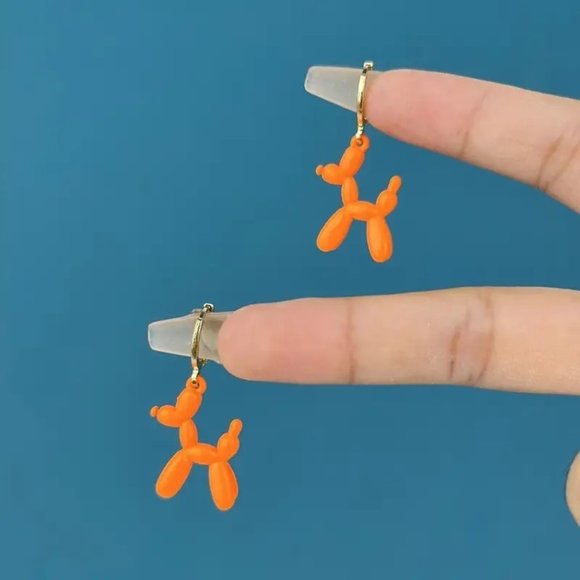 Balloon Dog Earrings Poodle Animal Puppy Fun Dangle Circus Clown Orange Party - Picture 1 of 2